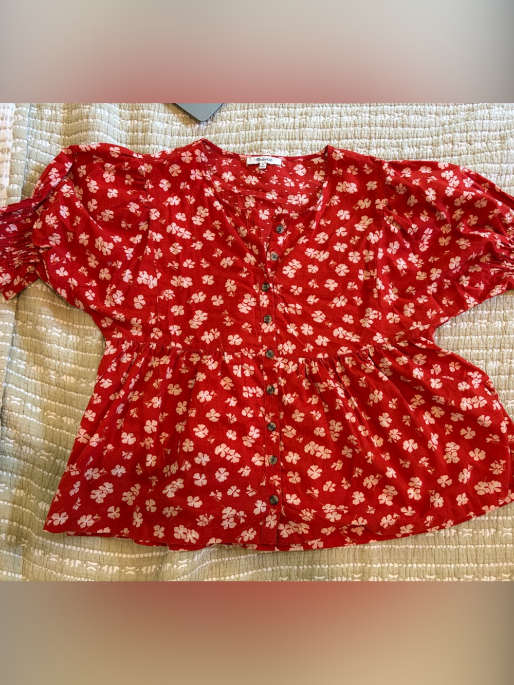 Madewell puff sleeve button top in Swiss dot happy hibiscus